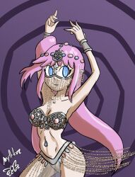  arm_bands arms_above_head blue_eyes bra crystal dancer dancing danna_(giant93) happy_trance jewelry long_hair midriff mythkaz nipples original panties pink_hair see-through signature simple_background smile spiral_background spiral_eyes tied_hair veil 
