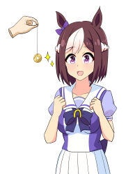  absurdres animal_ears breasts clothed deepwater femsub hair_ornament hair_ribbon horse_girl multicolored_hair open_mouth pendulum purple_eyes ribbon school_uniform simple_background smile special_week tongue uma_musume white_background 