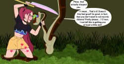 angry blush coils colorrings crop_top crotch_rub dialogue disney humor kaa kaa_eyes kpop_demon_hunters lipstick mira_(kpop_demon_hunters) resisting skirt smile snake spear spiral_eyes tail the_jungle_book thighs twintails upskirt