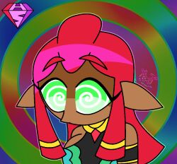  aged_up androgynous_dom bare_shoulders dark_skin elf_ears eyebrows_visible_through_hair eyelashes femsub gerudo gradient_background green_eyes hypnoscream large_breasts makeela_riju nintendo pov_dom red_hair ring_background shiny_hair simple_background solo spiralwash_eyes surprised tears_of_the_kingdom the_legend_of_zelda tied_hair 