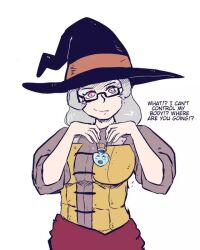 corruption corset dungeons_and_dragons femsub glasses glowing glowing_eyes grey_hair happy_trance hat hypnotic_accessory magic pink_eyes possession shishikasama smile text western witch witch_hat