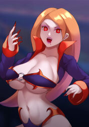 blood breasts corruption disney fangs female_only femsub haryudanto huge_breasts kim_possible kim_possible_(series) large_breasts long_hair long_nails looking_at_viewer navel open_mouth orange_hair pale_skin red_eyes tagme vampire