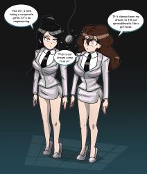  black_hair brown_hair clothed corporatification english_text expressionless female_only femsub forced_employee high_heels huge_breasts hy2300 instant_loss lipstick long_hair multiple_girls multiple_subs nail_polish office_lady open_mouth pendulum short_skirt shrunken_irises speech_bubble spiral_eyes standing_at_attention text tie 