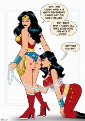  arm_bands ass ass_focus ass_worship bare_legs black_hair blue_eyes breasts clothed dc_comics dialogue donna_troy earrings english_text female_only femdom femsub headdress high_heels kneeling lasso_of_truth legs leotard lipstick_mark long_hair looking_back love multiple_girls polmanning restrained signature smile speech_bubble super_hero text thighs wonder_girl wonder_woman wonder_woman_(series) yuri 