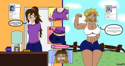 absurdres accent ass ass_expansion blonde_hair blue_eyes blush breast_expansion brown_hair buck_teeth english_text female_only femsub glasses hillbillification jean_shorts jeans kaa_eyes midriff muscle_girl muscle_growth navel open_mouth orange_eyes original ponytail shirt short_hair signature smile speech_bubble t-shirt tan_skin tank_top tech_control transformation wakeykun