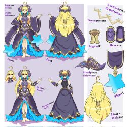 ahoge ailheim alternate_costume bare_legs barefoot blonde_hair breasts clothed cygames dragalia_lost dress english_text eye_color_change feet femsub from_behind hair_ornament horns long_hair morsayati nail_polish nintendo possession purple_nails red_eyes reference_sheet royalty smile standing tagme text zethia 