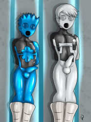  alex_power blue_skin bodysuit bulge dollification erection grey_skin jack_power kurttype5 latex male_only malesub open_mouth penis power_pack rubber standing 