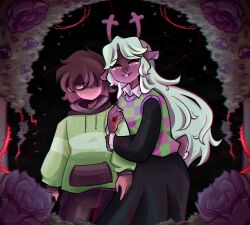 blonde_hair deer_girl deltarune deltarune_chapter_2 femsub freckles furry happy_trance hoodie hypnotic_accessory kris_(deltarune) long_hair noelle_holiday ring skirt smile stephsartlab thorn_ring vest