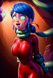 ai_art asphyxiation blue_hair blush bodysuit choking drool female_only femsub goddesscinn142_(generator) happy_trance kaa_eyes marinette_dupain-cheng miraculous_ladybug tagme tentacles tongue_out