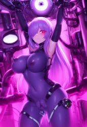 ai_art blush cameltoe corruption erect_nipples erect_nipples_under_clothes female_only femsub garter gloves glowing happy_trance huge_breasts long_hair navel nyamal_(generator) opera_gloves purple_hair pussy_juice red_eyes restrained solo stable_diffusion_(ai) sweat tech_control tight_clothing vaginal vibrator