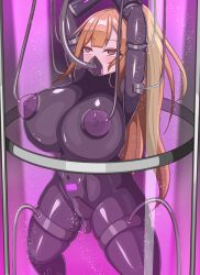 abs absurdres arms_above_head asu_to blonde_hair blush bodysuit breast_sucking brown_eyes cables crotch_tattoo dildo empty_eyes female_only femsub huge_breasts latex milking milking_machine original ponytail restrained rubber solo spread_legs stasis_tank tight_clothing vaginal wide_hips wires