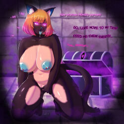 animal_ears brain_drain cat_ears cat_girl chains collarbone drool eyebrows_visible_through_hair feet furry glowing_eyes hypnovember kneeling large_breasts legs masturbation mimic monster multicolored_hair nail_polish nipple_piercing nipples nude open_mouth orange_hair original pink_eyes pink_hair pussy shieol1 short_hair tail text toenail_polish tongue tongue_out