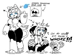  cat_ears cat_girl clothed_exposure femsub fishnets furry gameoverse glixtr glowing_eyes humiliation kaboodle_(gameoverse) kit_(gameoverse) large_breasts possession short_hair tagme tongue_out 