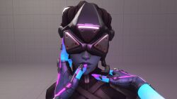  3d animated animated_gif blue_skin breasts clothed dazed female_only femdom femsub goggles large_breasts open_mouth overwatch seamless sombra_(overwatch) source_filmmaker tech_control widowmaker 
