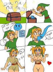  absorption ass_expansion before_and_after bimbofication blonde_hair blue_eyes blush bottomless breast_expansion breasts comic elf_ears heart kobi94 large_ass large_breasts link lipstick makeup malesub manip nintendo nude ocarina_of_time puckered_lips redryan2009_(colorist) slime text the_legend_of_zelda topless transformation transgender treasure_chest twintails 