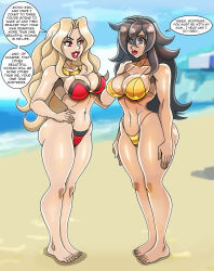 alissa_(vinp95) altered_common_sense barefoot beach bikini bikini_bottom bikini_top blonde_hair cleavage clothed empty_eyes english_text expressionless feet female_only femdom femsub long_hair lucia_(vinp95) multiple_girls necklace open_mouth original sideboob smirk speech_bubble standing standing_at_attention text zorro-zero