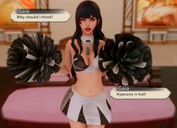 3d alternate_costume artiblessing_(blessinginlewd) bare_shoulders black_hair blue_eyes cheerleader choker cleavage dialogue english_text female_only femsub final_fantasy final_fantasy_xiv gaia_(final_fantasy_xiv) happy_trance long_hair looking_at_viewer midriff navel smile square_enix text