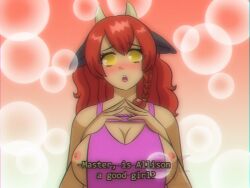 allison_(argonis) apron blush breasts brown_hair cleavage cow_girl empty_eyes erect_nipples femsub horns large_breasts long_hair luzimex naked_apron original red_hair text yellow_eyes