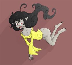 ahoge barefoot black_hair bottomless breasts corruption curly_hair elf_ears fangs feet female_only femsub floating hypno-tan large_breasts mr.h open_mouth original red_eyes spiral_eyes symbol_in_eyes torn_clothes traditional transformation vampire very_long_hair