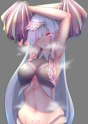 armpits arms_above_head blue_hair blush breasts brynhildr_(fate) cheerleader corruption drool earrings fate/grand_order fate_(series) female_only glowing glowing_eyes happy_trance heart heart_eyes heart_tattoo jewelry large_breasts licking long_hair midriff navel_piercing ni_crying symbol_in_eyes tattoo tongue tongue_out