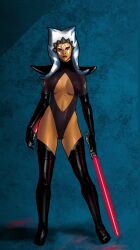  absurdres ahsoka_tano boots cleavage corruption erect_nipples expressionless female_only gloves lavonhayes8 lightsaber looking_at_viewer opera_gloves solo standing star_wars star_wars_rebels tentacles thigh_boots thighhighs thighs togruta twintails 