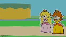  animated animated_gif apopop ass blonde_hair breasts brown_hair dancer female_only femsub harem_outfit jewelry long_hair mask multiple_girls nintendo paper_mario princess princess_daisy princess_peach short_hair snifit super_mario_bros. 