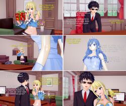   3d blonde_hair blue_hair christmas doll dress empty_eyes expressionless fairy_tail femsub happy_trance juvia_loxar large_breasts long_hair lucy_heartfilia standing text yb1999 