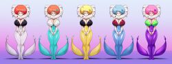  afro alternate_hairstyle blonde_hair blue_eyes blue_hair blush breasts clair_(pokemon) cleavage cosplay dress elesa_(pokemon) female_only femsub florges flower flower_in_hair happy_trance klara_(pokemon) large_breasts mars_(pokemon) multiple_girls multiple_subs nintendo orange_hair pink_hair pokemon pokemon_black_and_white pokemon_diamond_pearl_and_platinum pokemon_gold_silver_and_crystal pokemon_sword_and_shield pokemon_x_and_y purple_eyes red_eyes red_hair shinzu smile sonia_(pokemon) standing standing_at_attention symbol_in_eyes tight_clothing 