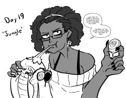 bower_(majinsfw) bra cleavage dark_skin death earbuds failed_hypnosis female_only food glasses hair_band humor hypnotic_eyes hypnovember kaa long_nails looking_at_viewer majinsfw nail_polish original simple_background snake sweater text the_jungle_book white_background