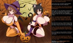 absurdres ahoge blush breasts candy caption cat_ears cat_girl cat_tail cleavage femsub ghost13_(writer) gloves glowing glowing_eyes halloween happy_trance hat huge_breasts hypnotized_hypnotist icontrol_(manipper) large_hips looking_at_viewer mameneko manip misterman4_(manipper) multicolored_hair original pumpkin short_hair spiral_eyes symbol_in_eyes text wings witch witch_hat