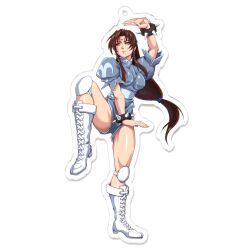 92penpen bangs boots breasts brown_hair chun-li cuffs earrings expressionless eyeshadow femsub kneeling leotard microchip pink_eyes ponytail signature simple_background street_fighter street_fighter_ii_v white_background wide_hips