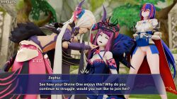  3d alear_(fire_emblem) arm_warmers bangs blue_hair bottomless bracers cleavage dress dress_shirt eh female_only femdom femsub fingerless_gloves fire_emblem fire_emblem_engage fur_coat gloves hair_band hair_covering_one_eye hair_ornament hand_on_another's_cheek happy_trance hip_vents horns ivy_(fire_emblem) jewelry large_breasts leaning_forward lingerie miniskirt multicolored_hair nintendo no_panties one_eye_open open_mouth opera_gloves purple_eyes pussy red_hair red_sclera resisting shrunken_irises skirt skirt_lift smile text white_hair zephia_(fire_emblem) 