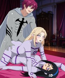  alicia_(aliciapendragon) artist_request black_hair blonde_hair blush bodysuit caifina_(caifina-rosewood) clothed_sex color complex_background cosplay drone elf elf_ears empty_eyes femsub glasses gurren_lagann hypnotized_dom hypnotized_hypnotist karyu_ginsora_(saibot) latex long_hair maledom multiple_girls original pink_hair spiral spiral_eyes threesome white_skin 