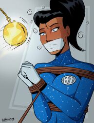  black_hair blue_eyes blueshift_(polmanning) bondage breasts clothed dark_skin drool english_text female_only femsub gag original pocket_watch polmanning ponytail restrained rope short_hair signature simple_background solo spiral super_hero sweat tape tape_gag text 