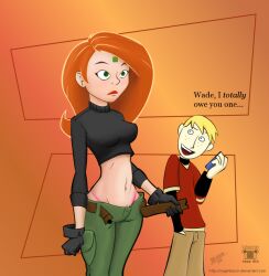 dialogue disney empty_eyes expressionless femsub freckles green_eyes hypnotic_accessory kim_possible kim_possible_(series) long_hair maledom microchip red_hair ron_stoppable standing standing_at_attention tech_control text undressing western