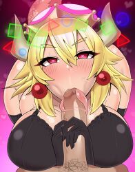 blonde_hair blush bowsette bra breasts crown earrings fellatio femsub ganbari_mascarpone gloves heart heart_eyes horns jewelry large_breasts large_penis long_tongue looking_at_viewer magic male_pov new_super_mario_bros._u_deluxe nintendo penis pov pubic_hair red_eyes stray_pubes super_crown super_mario_bros. symbol_in_eyes tongue tongue_out underwear