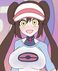 altered_common_sense blush bodysuit breasts brown_hair collar eye_color_change female_only femsub glowing_eyes hair_buns happy_trance hat huge_breasts long_hair malamar malamar_outfit nintendo open_mouth pokemon pokemon_black_and_white_2 quantum_oyster rosa_(pokemon) smile t-shirt twintails yellow_eyes