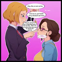 ai_art apron blonde_hair border brown_hair clothed comic empty_eyes english_text femdom femsub glasses instant_loss kiddom kneeling milf mother_and_daughter mrchypno_(generator) pendulum petite school_uniform spiral_eyes text