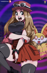  absurdres aware blush body_control bracelet breasts brown_hair clothed femsub fennekin grey_eyes hat jewelry kyoffie12 large_breasts long_hair masturbation nintendo open_mouth pokeball pokemon pokemon_(creature) pokemon_x_and_y serena skirt thighhighs 
