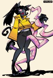  4five1 absurdres black_hair cat_girl clothed crotch_rub female_only femsub furry glowing_eyes heart_eyes jacket jackie_(4five1) jeans long_hair non-human_feet open_mouth original pants pink_eyes ponytail simple_background solo standing symbol_in_eyes tentacles white_background 