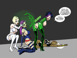  black_hair blonde_hair boots bottomless cleavage clothed_exposure dark_skin emma_frost erect_nipples expressionless fart femdom femsub high_heels hypnotic_gas hypnotized_assistant kneeling madame_sin_(mike184) marvel_comics mike184 multicolored_hair psylocke purple_hair sleeping squatting storm super_hero text thigh_boots topless whitewash_eyes 