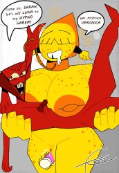 breasts collar femdom femsub inverted_nipples leash muscle_girl nipples nude red_skin sarah_(valerian_high) tcross text valerian_high veronica_(valerian_high) yellow_skin