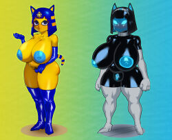  animal_crossing ankha_(animal_crossing) before_and_after breast_expansion breasts cat_girl crabhorn damselcorp_(crabhorn) dronification femsub furry futanari futasub gloves high_heels large_breasts nintendo null_bulge opera_gloves original simple_background solo thighhighs wide_hips 