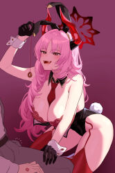  absurdres bangs blue_archive blush bra breasts brown_eyes bulge bunny_ears bunny_girl bunnysuit cleavage clothed coin cuffs erection erection_under_clothes fangs femdom garter_straps gloves hanging_breasts horns large_breasts leaning_forward leotard long_hair malesub nonbire open_mouth pendulum pink_hair satsuki_(blue_archive) smile standing straight-cut_bangs thighhighs tie 