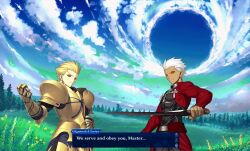  animated animated_eyes_only animated_gif archer blonde_hair fate/stay_night fate_(series) gilgamesh male_only malesub manip muscle_boy redhypno spiral_eyes text white_hair 