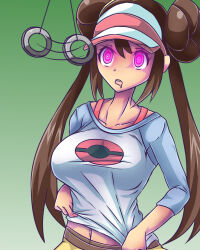  breasts brown_hair double_hair_bun drool expressionless female_only femsub glowing glowing_eyes hair_buns hypno kasai-ya large_breasts nintendo open_mouth pendulum pokemon pokemon_black_and_white_2 ring_eyes rosa_(pokemon) skirt twintails undressing 