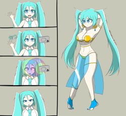  absurdres armpits arms_above_head blue_eyes blue_hair breasts cell_phone cleavage comic dancing drool earrings empty_eyes expressionless eyebrows_visible_through_hair feet female_only femsub gold harem_outfit hypnotic_screen instant_loss japanese_text jewelry large_breasts long_hair miku_hatsune open_mouth shrunken_irises sobergin spiral_eyes tech_control thighs twintails very_long_hair vocaloid 