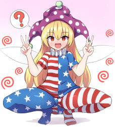 blonde_hair cameltoe clownpiece confused double_v female_only femsub gradient_background happy_trance jester rabiso_9 red_eyes ring_eyes simple_background solo spiral spread_legs squatting symbol_in_eyes tights touhou v