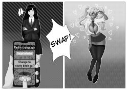  absurdres before_and_after betyboo black_hair blonde_hair brain_drain breast_expansion breasts cell_phone dark_skin ebonization female_only femsub ganguro hypnotic_app large_breasts long_hair miniskirt monochrome open_clothes original school_uniform skirt text thighhighs transformation tsundere 