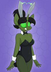 absurdres black_hair bow_tie bunny_ears bunnysuit cleavage collarbone cuffs electricity fake_animal_ears female_only femsub furry green_skin horse_girl hypnotic_accessory moonatik my_little_pony pantyhose ponytail simple_background solo spiral_eyes spiralwash_eyes standing standing_at_attention symbol_in_eyes tech_control unicorn_girl